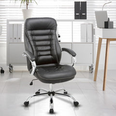 Kuber Industries Leather Office Chairs for Work From Home | Comes with Manual Height Adjustable, Armrest, Headrest & Lumbar Support | Comfy Study Chair for Students with Wheels | Black | SAVOC115BLK