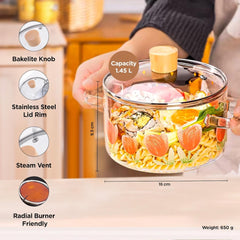 Homestic Borosilicate Glass 1.45L Saucepan with Lid & Handle | Induction Pan Cookware | Handi for Cooking | Microwave Safe | Cooktop for Tea/Milk/Pasta/Rice | Transparent- Pink Flower Print