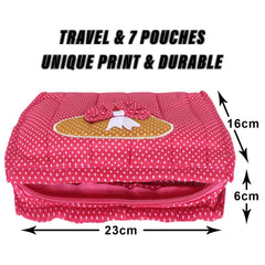 Kuber Industries Jewellery Kit | Cotton Bow Dot Print Travel Kit | 7 Pouch Jewellery Storage Kit | Makeup Organizer for Woman | Pink