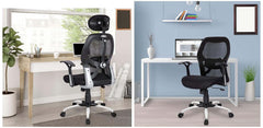 Kuber Industries Ergonomic Office Chairs for Work From Home | Comes with Manual Height Adjustable, Armrest, Headrest & 2D Lumbar Support | Comfy Study Chair for Students with Wheels | Black