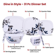 Kuber Industries 31 Pieces Square Unbreakable Microwave & Dishwasher Safe Melamine Dinnerware Kitchen Crockery Set | Glossy Dinner Set & Kitchen Set for Home | Blue Vine (Bail) - White