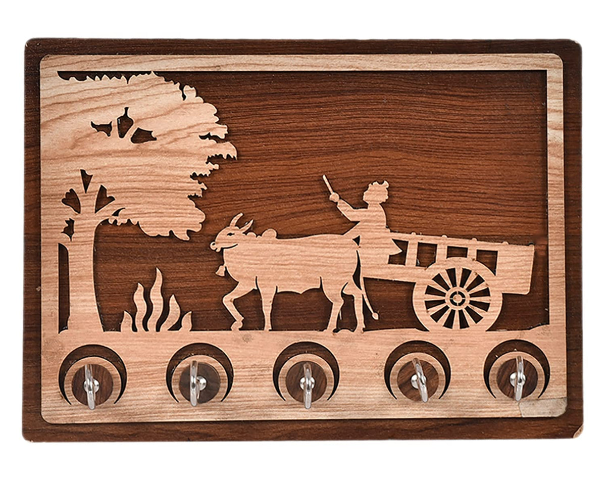 Kuber Industries Village Bull Cart Design Wooden Wall Key Holder with 5 Hooks (Brown)-45KM055