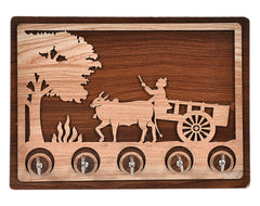 Kuber Industries Village Bull Cart Design Wooden Wall Key Holder with 5 Hooks (Brown)-45KM055