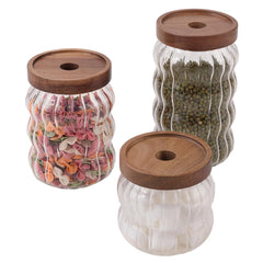 Kuber Industries Borosilicate Glass Jar with Bamboo Lid | Multi-utility | Leakproof | Airtight Storage Jar for Cookies, Snacks, Tea, Coffee, Sugar | Set of 3 (400ml, 620ml, 750ml)
