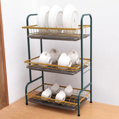 Kuber Industries 3-Layer Dish Drying Rack|Storage Rack for Kitchen Counter|Drainboard & Cutting Board Holder|Premium Utensils Basket Pack of 4 (Dark Green & Gold)