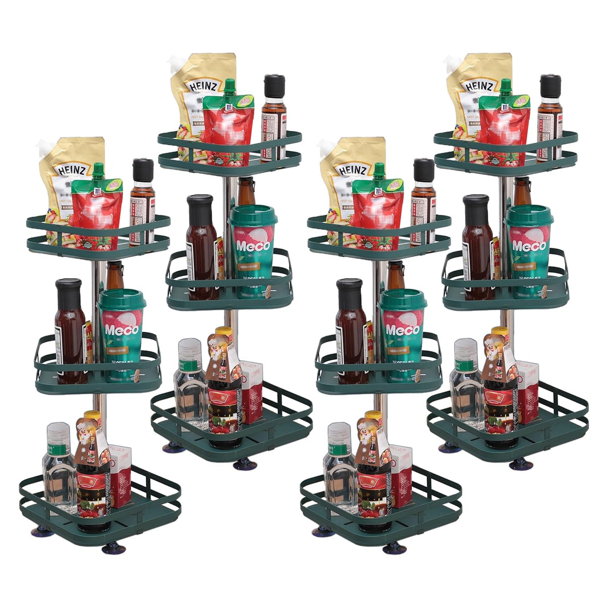 Kuber Industries 3-Layer Rotating Spice Rack|Square Shelf for Cabinet Countertop|360-Degree Rotable Kitchen Trolley|Fruit Basket Pack of 4 (Dark Green)