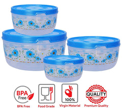 Kuber Industries Floral Microwave Safe Transparent Plastic Food Storage Containers Kitchen Containers with Airtight Lid, Set of 4 (Blue), Standard (HS39KUBMART022305)