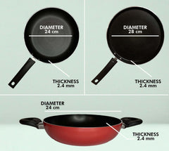 Heart Home 3 PCS Aluminium Cooking Set for Kitchen 24 cm Wok, 24 cm Fry Pan with Lid & 22 cm Tawa | Nonstick Induction Cookware Set | Kadhai, Frying Pan & Tawa Set | Black & Red