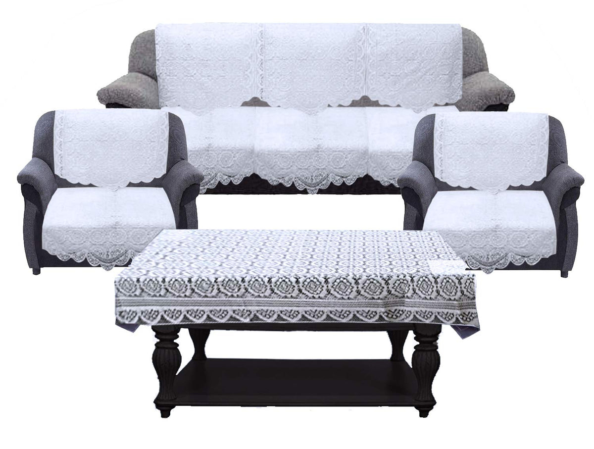 Kuber Industries Cotton Circle Design 5 Seater Sofa Cover with Center Table Cover (CTKTC028718, White, Standard) -7 Pieces