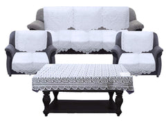 Kuber Industries Cotton Circle Design 5 Seater Sofa Cover with Center Table Cover (CTKTC028718, White, Standard) -7 Pieces