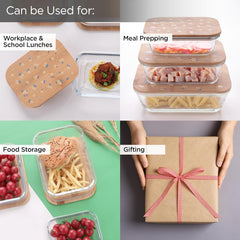 Homestic Pack of 3 Borosilicate Glass Kitchen Containers with Bamboo Lid | 370ml 640ml 1060ml | Airtight Rectangular Fridge Storage Boxes |kitchen organizer items & storage| Happy Dance Print