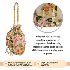 Kuber Industries Potli|Silk Wedding Potli|Christmas Gift Potli|Baby Shower Potli|Traditional Shagun Potli|Drawstring with Beads Handle Potli|New Flower Embroidery Potli|Pack of 2|Cream