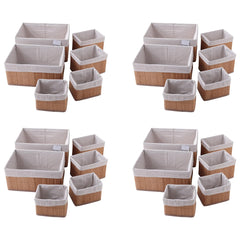 Kuber Industries Pack of 24 Bamboo Storage Basket With Liner|Fodable Storage Organizer|Box For Cloth, Toiletry, Bathroom|Capacity 14.9L, 10.5L, 3.5L, 1.9L|Natural|