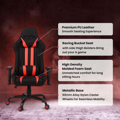 Kuber Industries Ergonomic Office Chairs for Work From Home | Comes with Manual Height Adjustable, Armrest, Headrest & 2D Lumbar Support | Comfy Study Chair for Students with Wheels | Black & Red
