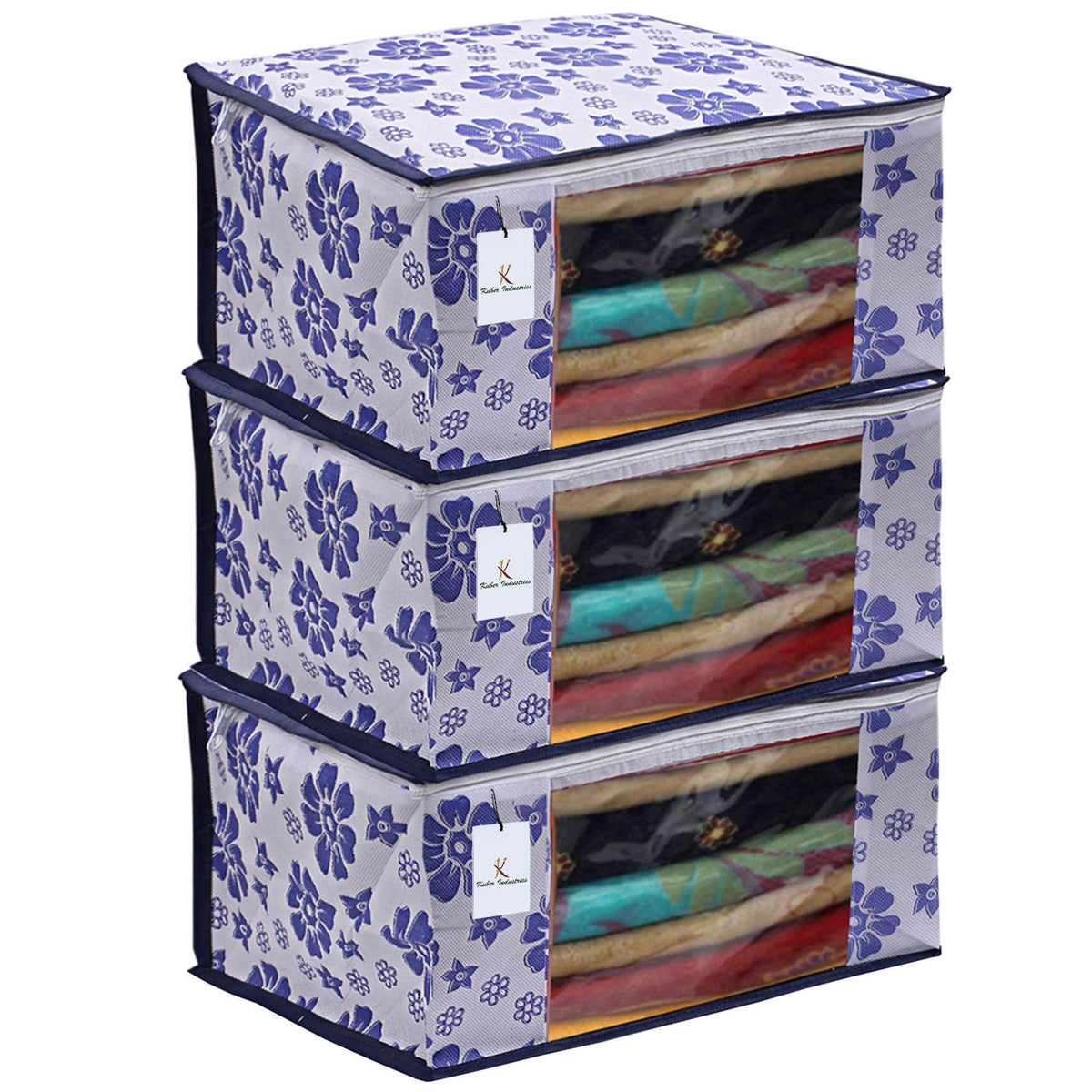 Kuber Industries 3 Piece Non Woven Saree Cover Set, Royal Blue,CTKNEW178