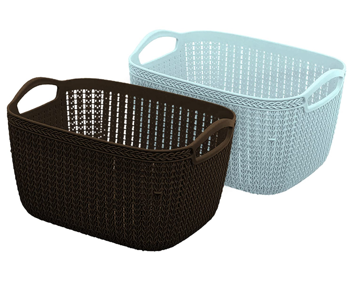 Heart Home Q-6 Designer Plastic Storage Basket For Store Fruits, Vegetables, Magazines, Cosmetics, Stationary Pack of 2 (Blue & Brown)-50HH01692