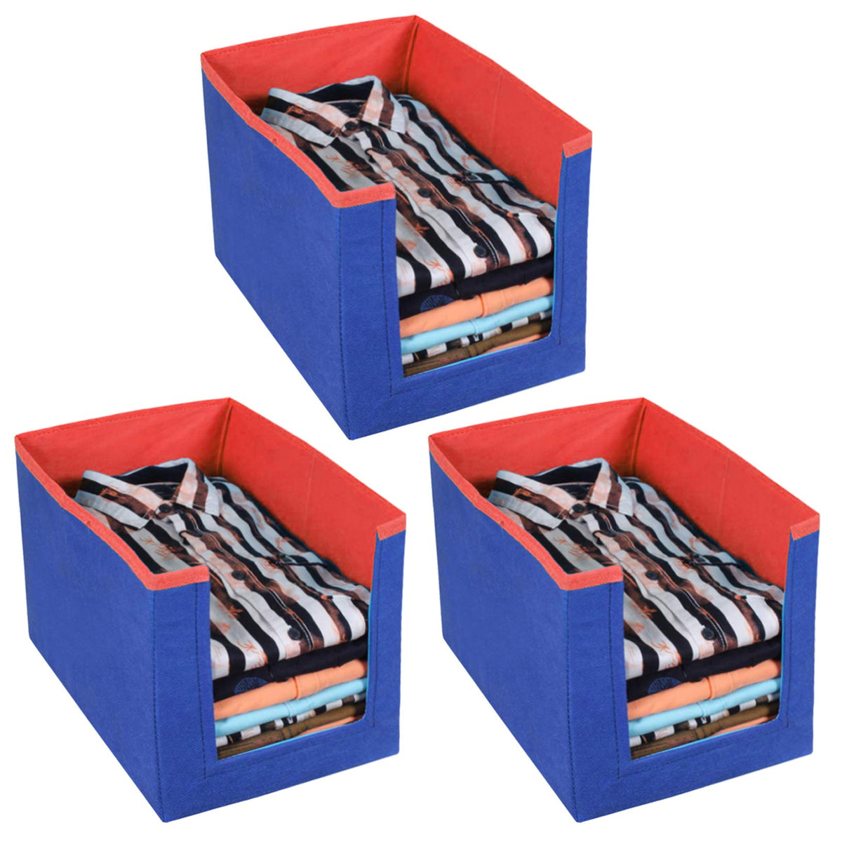 Kuber Industries 3 Pieces Non Woven Shirt Stacker/Shirt Organizer Wardrobe Organizer (Blue & Red)-KUBMART11328