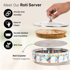 Kuber Industries Pack of 6 Stainless Steel 1.5L Insulated Roti Box with Transparent Glass Lid - Chapati Casserole for Serving & Kitchen - Multicolor