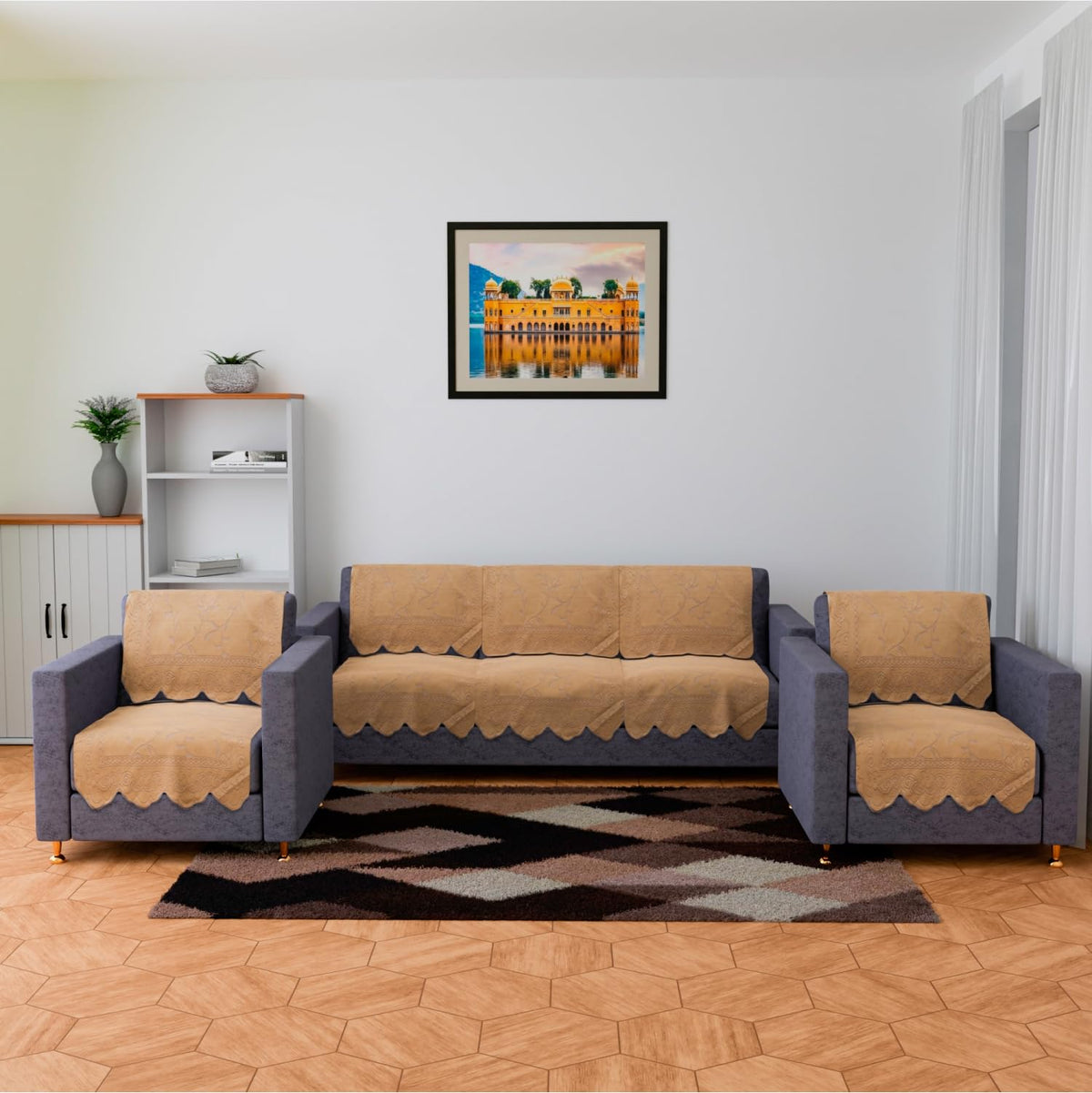 Heart Home Sofa Cover | Net Sofa Slipcover Set | Sofa Cover for Living Room | Sofa Slip Cover for Hall | 5-Seater Sofa Cover for Home Decor | Self Ginger Sofa Cover Set | Golden