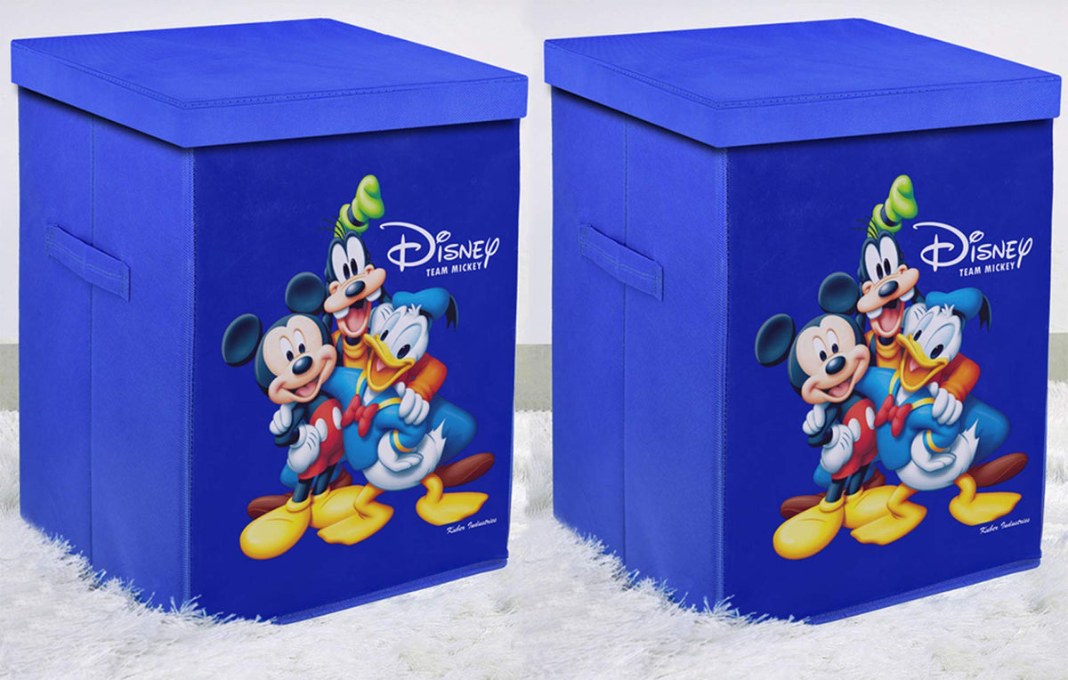 Kuber Industries Disney Team Mickey Print Non Woven Fabric Foldable Laundry Basket, Toy Storage Basket, Cloth Storage Basket with Lid & Handles (Set Of 2, Royal Blue)-KUBMART1215