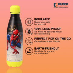 Kuber Industries 500 ml Water Bottle with 2 Lids | Marvel Spiderman | Stainless Steel Bottle for Travel-Gym & Sports | BPA-Free Insulated Sipper Bottle for Adults & Kids with Straw | Red | Pack of 6
