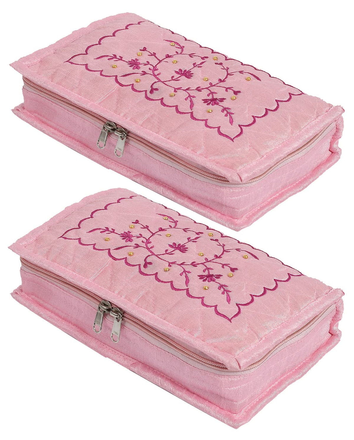 Kuber Industries Multiuses Embroidery Design Portable Jewellery Organizer With 6 Tranasparent Pockets- Pack of 2 (Pink)