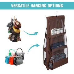 Heart Home Hanging Organizer | Handbag Organizer | Hanging Purse for Wardrobe | Transparent Clutch Organizer | Handbag Storage For Closet | 6 Pocket Storage Hanger | Brown