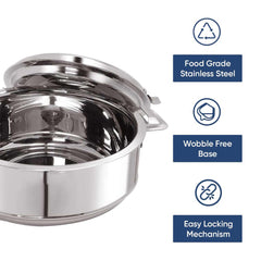 Heart Home 1.5L Stainless Steel Insulated Casserole for Roti, Puri & Chapati with Lid | Heat Retaining Body & Easy Lock Lid Mechanism Hotpot Roti Box for Home & Kitchen | Silver