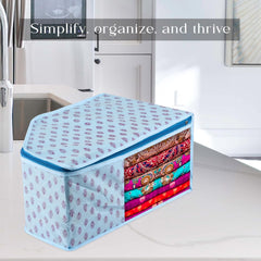 Kuber Industries Blouse Cover | Clothes Storage Bag | Zipper Wardrobe Organizers | Non-Woven Clothes Organiser | Side Transparent Blouse Organizer | Floral-Design | Pack of 3 | Blue