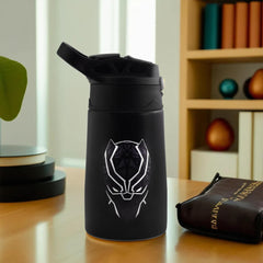 Kuber Industries 350 ml Insulated Water Bottle | Black Panther Kids Water Bottle | Stainless Steel Kids Water Bottle | Water Bottle with Push-Button Flip Lid | Bottle For School | Black | Pack of 5
