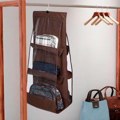 Heart Home Hanging Organizer | Handbag Organizer | Hanging Purse for Wardrobe | Transparent Clutch Organizer | Handbag Storage For Closet | 6 Pocket Storage Hanger | Brown