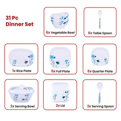 Heart Home 31 Pieces Square Unbreakable Microwave & Dishwasher Safe Melamine Dinnerware Kitchen Crockery Set | Glossy Dinner Sets & Kitchen Set for Home | Blue Floral - White