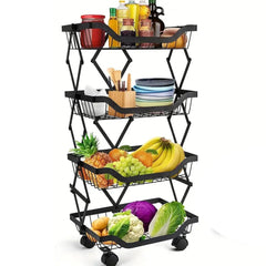 Kuber Industries 4-Layer Collapsible Kitchen Rack|Multipurpose Storage Basket|360-Degree Rotable Kitchen Trolley|Fruit Basket (Black)