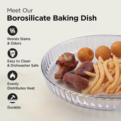 Kuber Industries 1600 ml Borosilicate Glass Baking Tray | Transparent Microwave Oven Safe Utensils | Round Bread Moulds for Baking | Dishwasher & Freezer Safe | Multipurpose use Serving Tray
