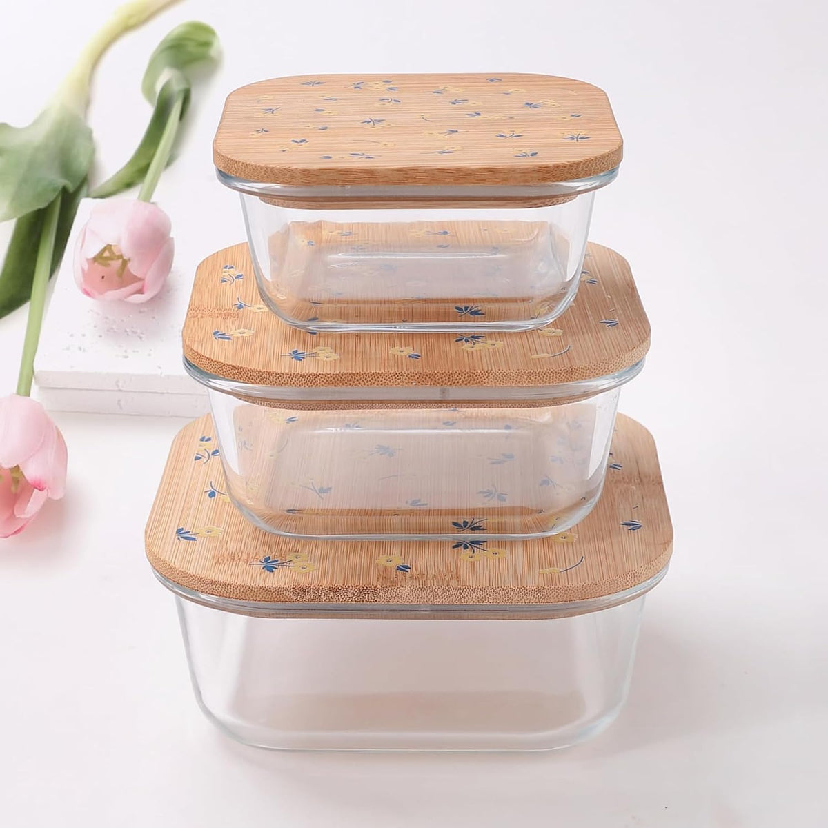 Heart Home Pack of 3 Borosilicate Glass Kitchen Containers with Bamboo Lid | 310ml 510ml 800ml | Airtight Square Fridge Storage Boxes | Glass Jars for Cereal, Dry Fruits | Happy Dance Print