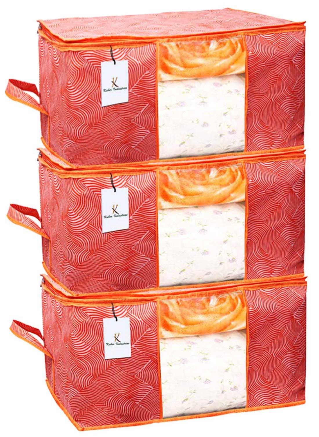 Kuber Industries Leheriya Design Underbed Storage Bag, Storage Organiser, Blanket Cover Set of 3 - Orange, Extra Large Size - CTKTC15218