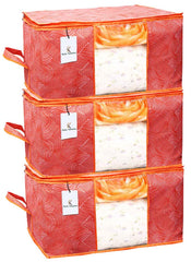 Kuber Industries Leheriya Design Underbed Storage Bag, Storage Organiser, Blanket Cover Set of 3 - Orange, Extra Large Size - CTKTC15218