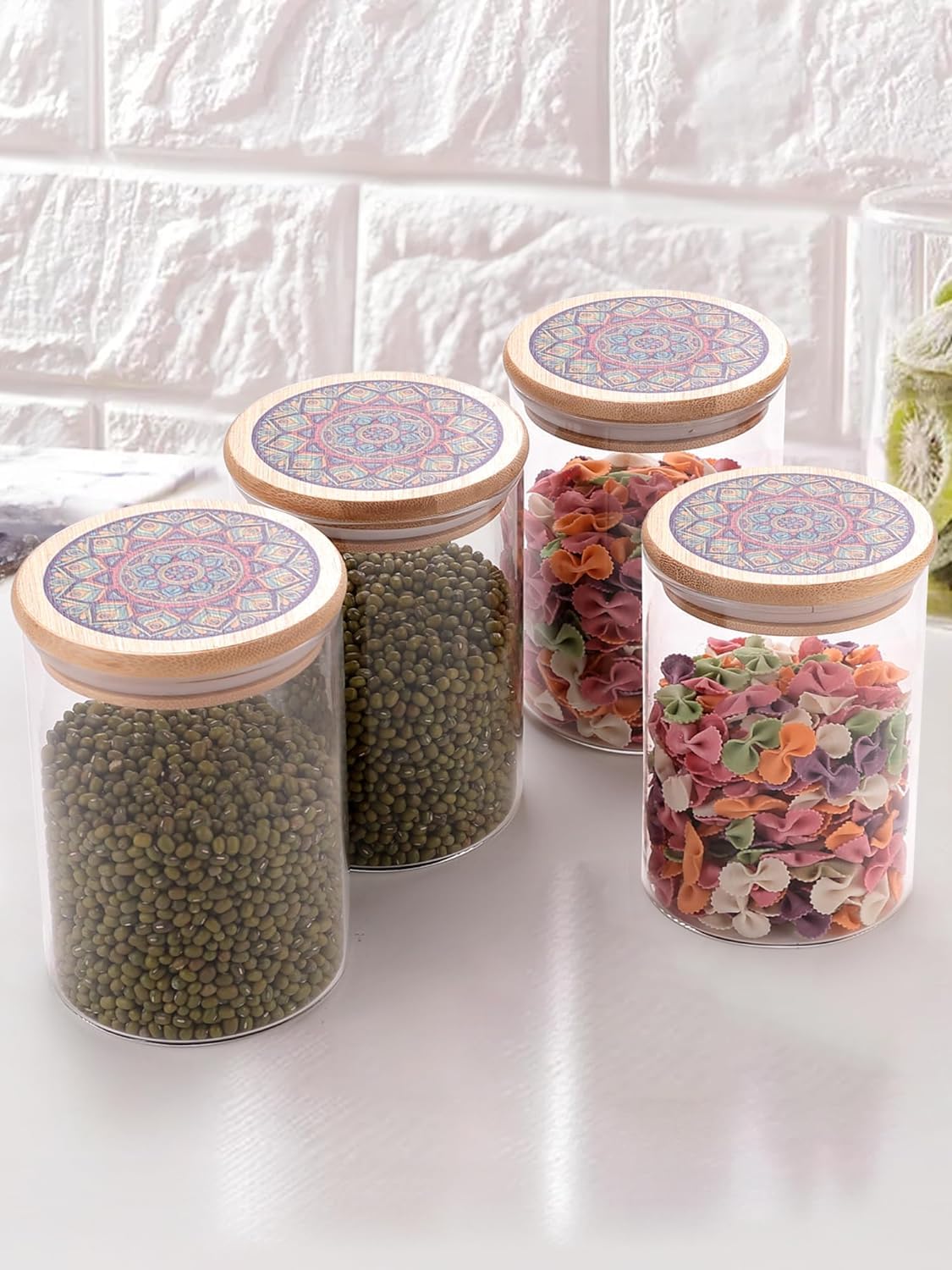 Urbane Home Borosilicate Glass Jar with Printed Bamboo Lid|Kitchen Organizer Items and Storage|Multi-utility, Leakproof, Airtight Storage Jar for Cookies,Snacks,Tea,Coffee,Sugar|Pack of 4(600ml)