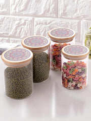 Urbane Home Borosilicate Glass Jar with Printed Bamboo Lid|Kitchen Organizer Items and Storage|Multi-utility, Leakproof, Airtight Storage Jar for Cookies,Snacks,Tea,Coffee,Sugar|Pack of 4(600ml)