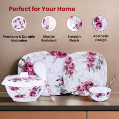 Kuber Industries 31 Pieces Square Unbreakable Microwave & Dishwasher Safe Melamine Dinnerware Kitchen Crockery Set | Glossy Dinner Sets & Kitchen Set for Home | Pink Floral - White