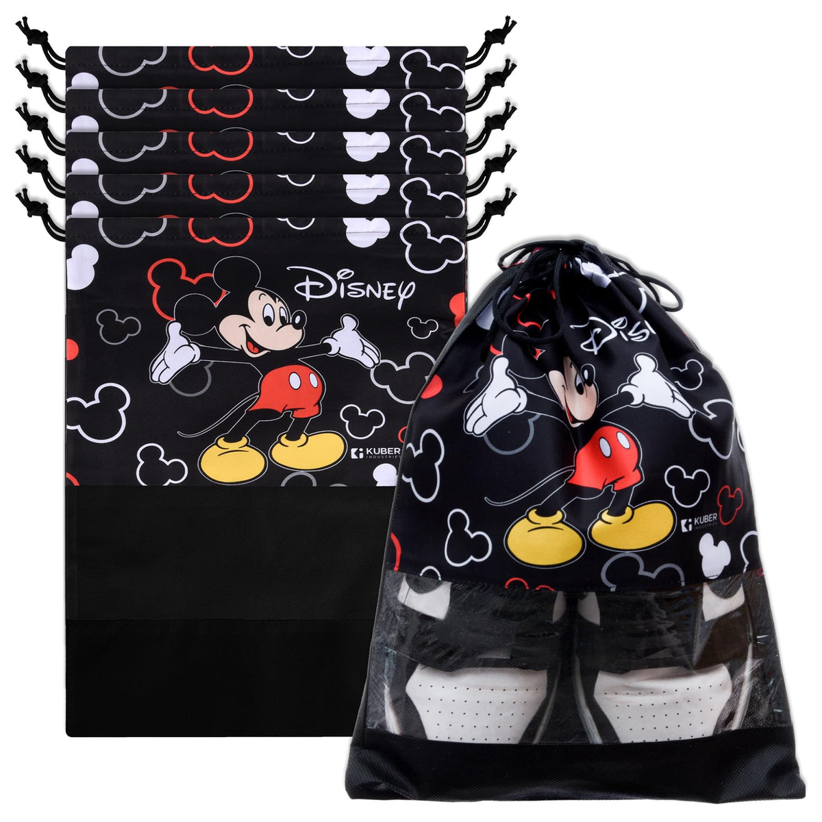 Heart Home Disney Mickey Shoe Cover | Travel Shoe Storage Bags | Polyester Storage Bag | Drawstring Shoe Cover | Shoe Organizer with Clear window | Pack of 6 | Black