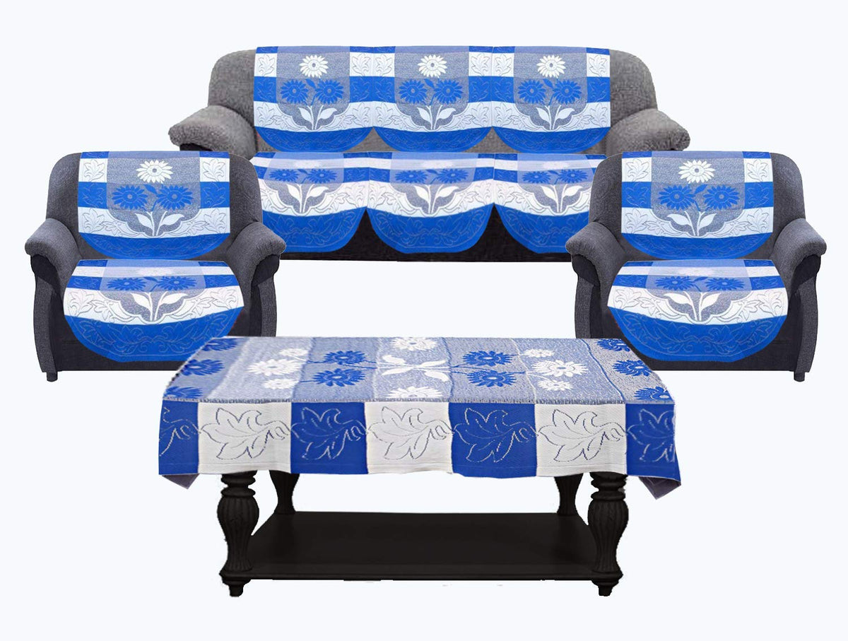 Kuber Industries Flower Cotton 7 Piece 5 Seater Sofa Cover with Center Table Cover (Blue)-CTKTC28726