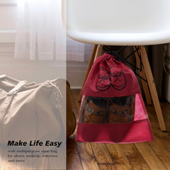 Heart Home Shoe Cover | Travel Shoe Storage Bags | Non-Woven Storage Bag | Shoe Cover with Drawstring | Shoe Organizer with Clear window | Plain | Pack of 24 | Maroon