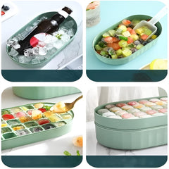 Kuber Industries 2 Layer Ice Cube Tray with Lid | Ice Cube Storage Box with Ice Scoop | 72 Ice Cube Molds for Freezing | One-Press Demolding | BPA Free | Green