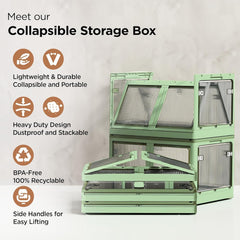 Homestic Stackable Storage Box With Double Door | Foldable Storage Box With Lid & Wheel | Collapsible Storage Bin for Closet Organizers & Storage | XM9003G | Green