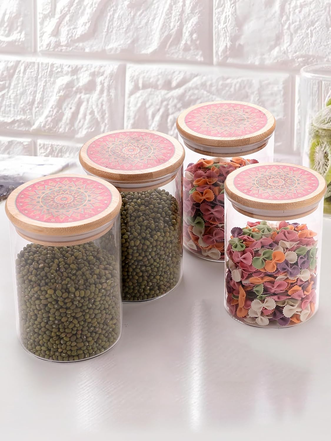 Urbane Home Borosilicate Glass Jar with Printed Bamboo Lid|Kitchen Organizer Items and Storage|Multi-utility, Leakproof, Airtight Storage Jar for Cookies,Snacks,Tea,Coffee,Sugar|Pack of 4(600ml)