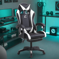 Kuber Industries Ergosmart PC Gaming Chairs with Wheels | Comes with Headrest, Lumbar Support Cushions & Footrest | Comfortable Chair for Long Sitting & Back Pain Relief | 2023-6F-BW-Black & White