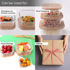 Kuber Industries Borosilicate Kitchen Containers Set with Bamboo Lid | Glass Containers with Lid | Airtight | Microwave Safe | Ratatouille Print | 310ml 510ml 800ml | Pack of 3 | Multipurpose