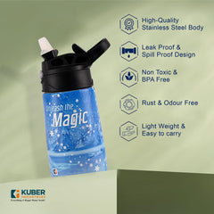 Kuber Industries 350 ml Insulated Water Bottle | Disney Frozen Kids Water Bottle | Stainless Steel Kids Water Bottle | Water Bottle with Push-Button Flip Lid | Bottle For School | Blue | Pack of 5