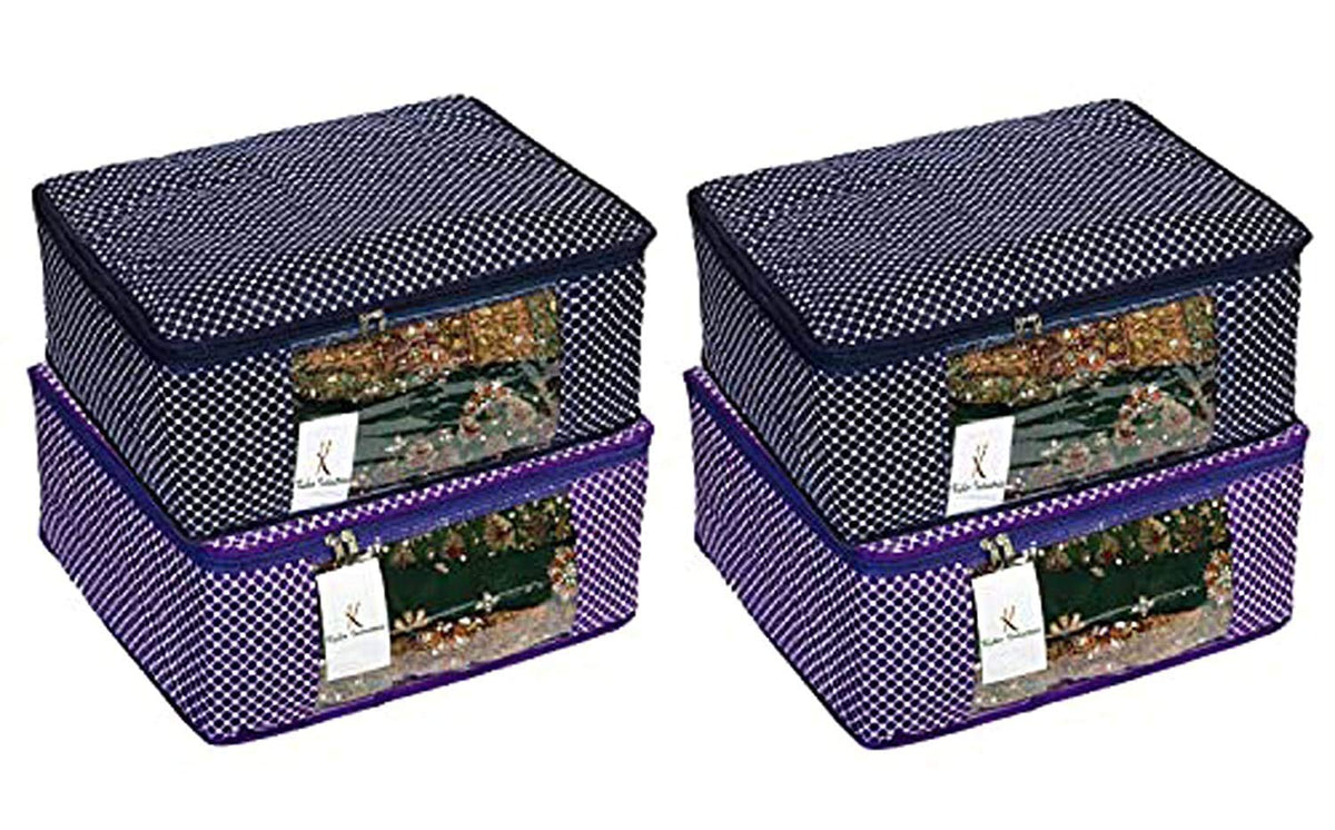 Heart Home Cotton 4 Pcs Hathkadi Print Saree Cover (Dark Blue & Purple) CTHH11380